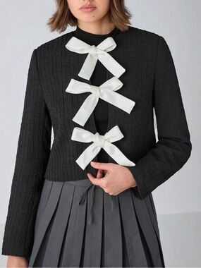 TRIPLE SWEET Textured Black Blazer with White Bows XS S M